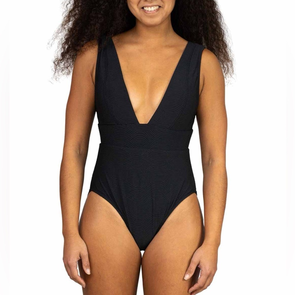 Black Textured One-Piece Swimsuit | Deep V Neck | New with Tags
